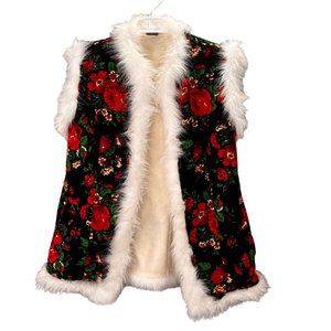 Lulu Design Unique Vest Floral Print Faux Fur Hook Close 36 Women Black Red Rose